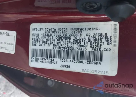 2003 Toyota Camry Xle из США, поврежденный, VIN 4T1BE30K83U173495